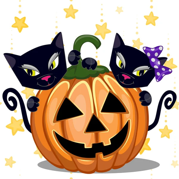 Gatos de Halloween con calabaza — Vector de stock