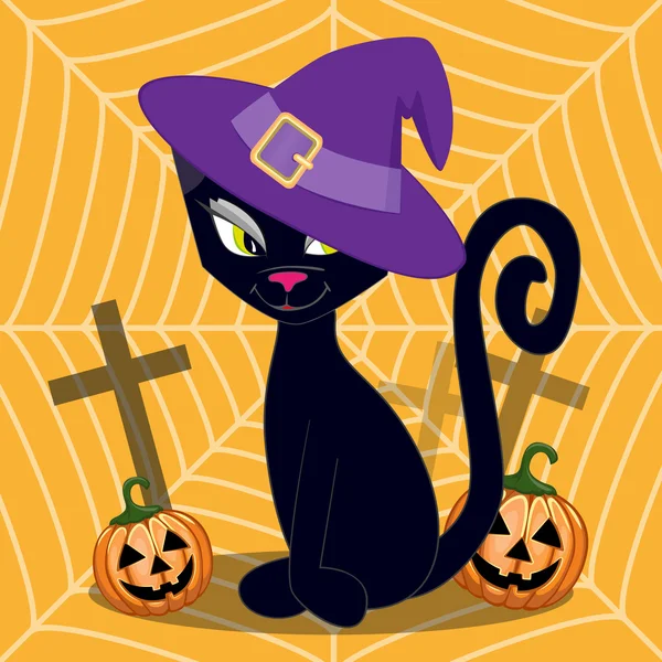 Chat Halloween avec citrouille — Image vectorielle