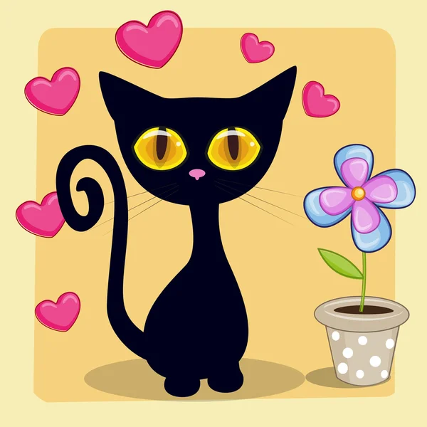 Chaton noir avec coeur et fleur — Image vectorielle