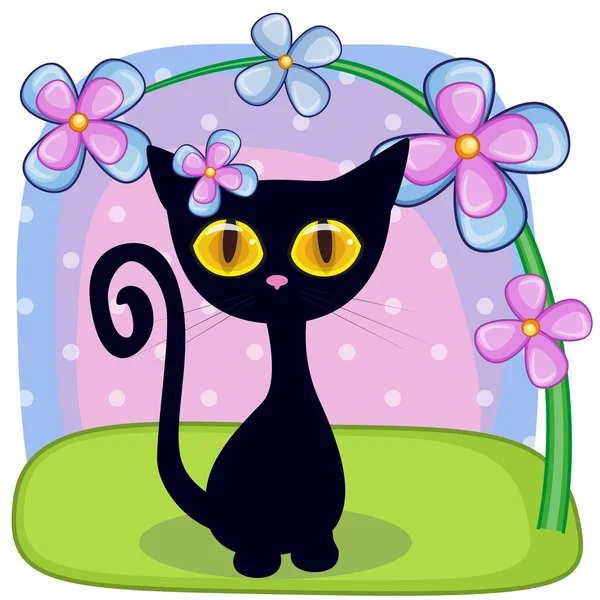 Chaton noir avec des fleurs — Image vectorielle