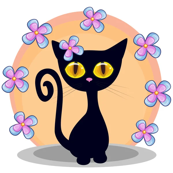 Černé kotě s květinami — Stockový vektor