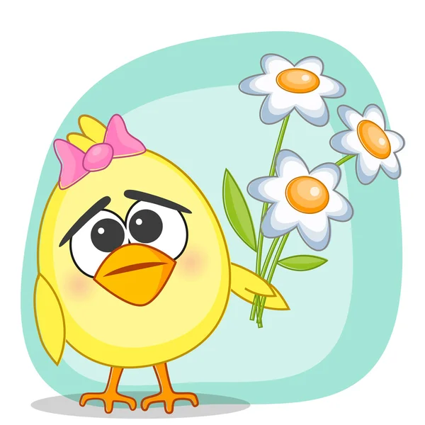 Caricatura de pollo con flores — Vector de stock