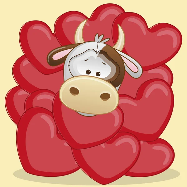 Tarjeta de vaca en corazones — Vector de stock