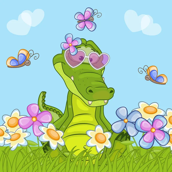 Милый крокодил с цветами — стоковый вектор