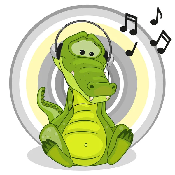 Crocodile de bande dessinée avec écouteurs — Image vectorielle
