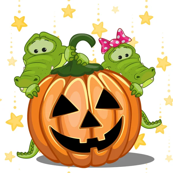 Crocodilos de Halloween com abóbora —  Vetores de Stock