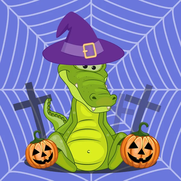 Cocodrilo de Halloween con calabaza — Vector de stock