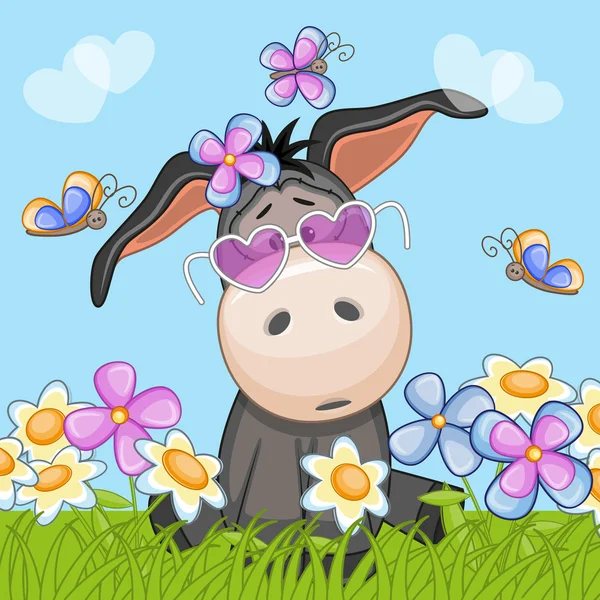 Cute Donkey with flowers — Stock Vector