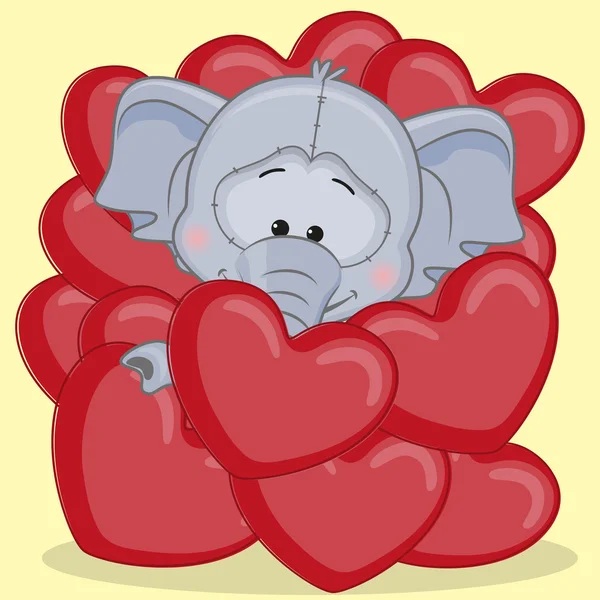 Elefante no cartão de corações — Vetor de Stock