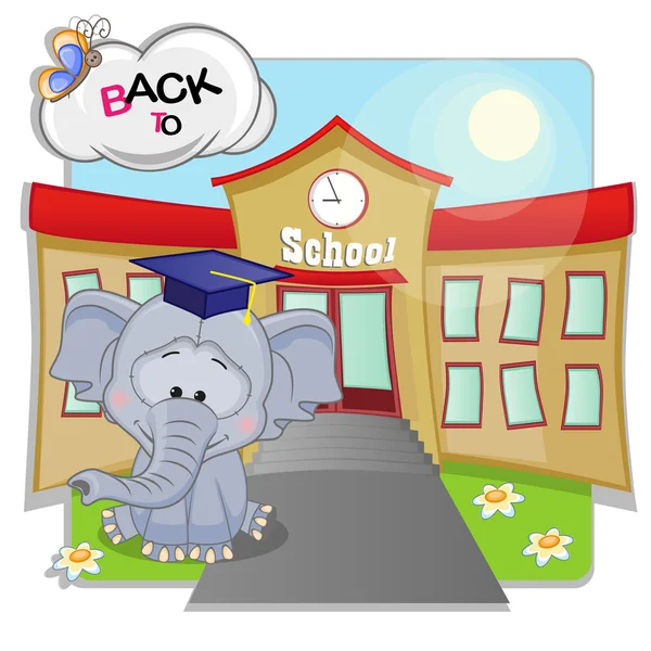 Elefante de dibujos animados y la escuela — Vector de stock