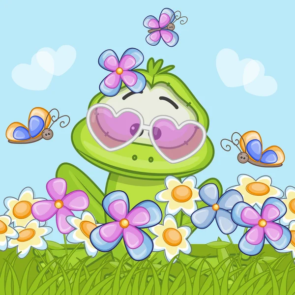 꽃과 함께 귀여운 개구리 — 스톡 벡터