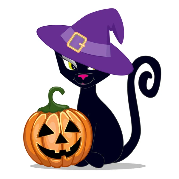 Gato negro con calabaza — Vector de stock