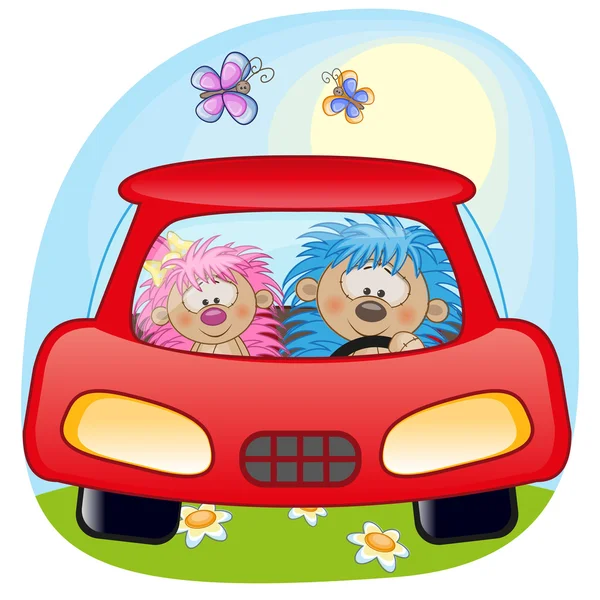 Deux hérissons dans une voiture — Image vectorielle
