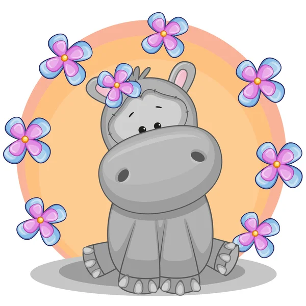 Lindo hipopótamo con flores — Vector de stock