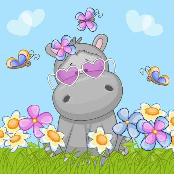 Hippo mignon avec des fleurs — Image vectorielle