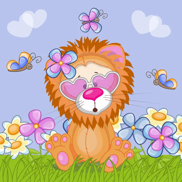 Mignon lion avec des fleurs — Image vectorielle