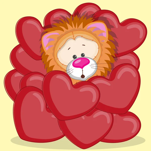 Lion dans les cœurs rouges — Image vectorielle