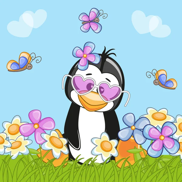 Pingüino con flores — Vector de stock