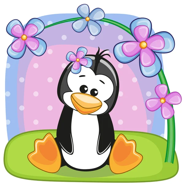 Penguin with flowers — Stock Vector