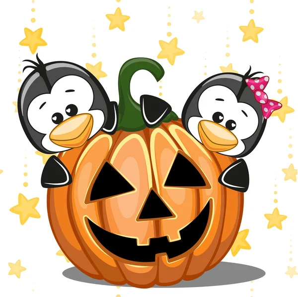 Halloween Penguins met pumpkins — Stockvector