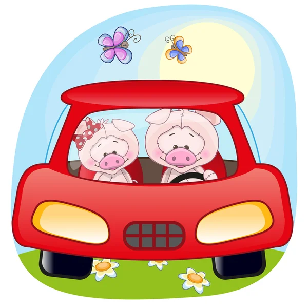 Twee varkens in een auto — Stockvector