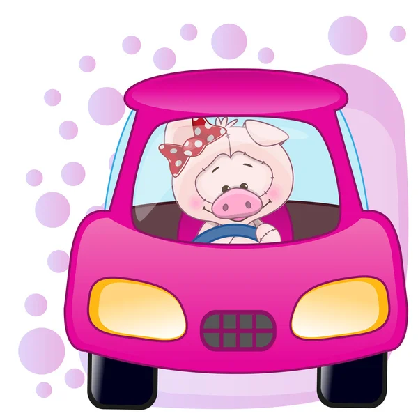 Chica cerdo en un coche — Vector de stock