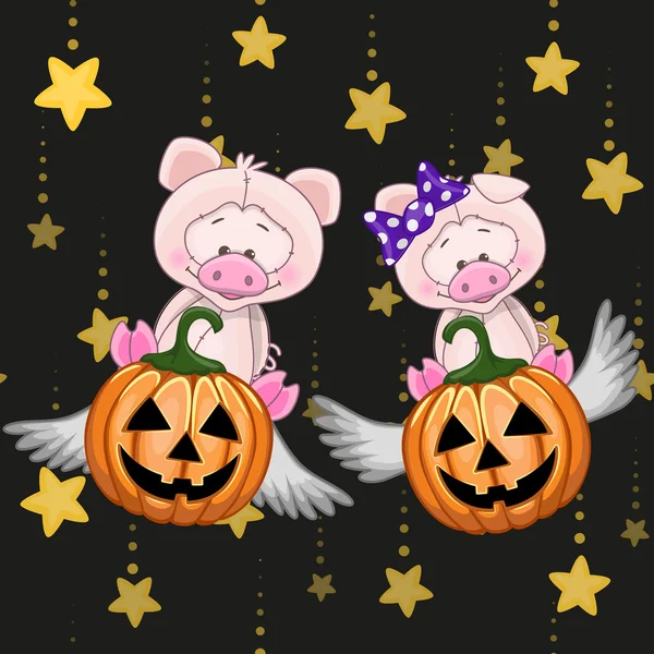 Halloween Cartoon varkens met pompoen — Stockvector