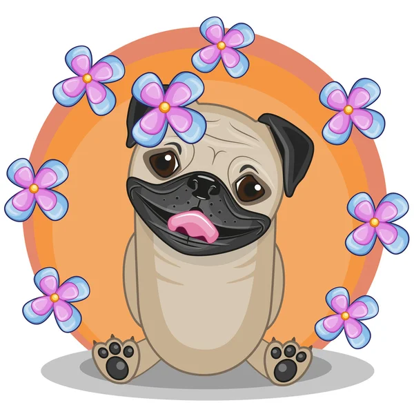 Cão pug com flores — Vetor de Stock