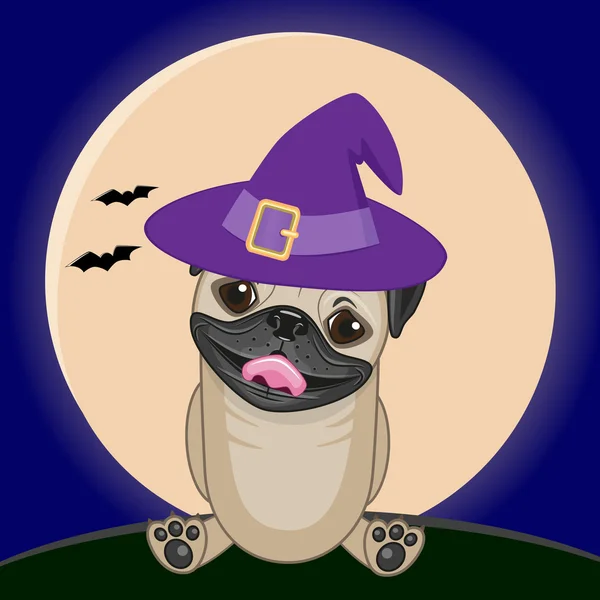 Halloween Pug Dog em chapéu —  Vetores de Stock