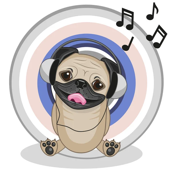 Mops Hund mit Kopfhörer — Stockvektor