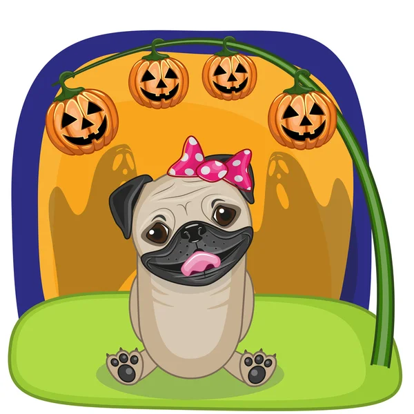 Halloween hond met pompoenen — Stockvector