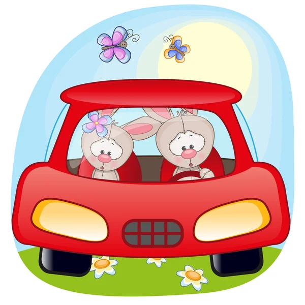 Dos conejos en un coche — Vector de stock