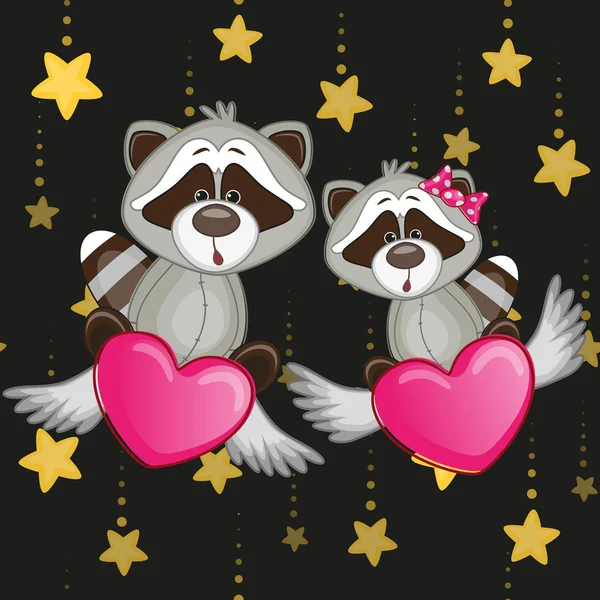 Lovers Raccoons with hearts — Stock Vector