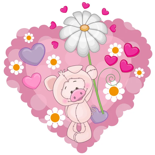 Pig with hearts and flower — Stock Vector