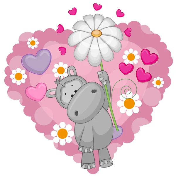 Hippo with hearts and flower — Stock Vector