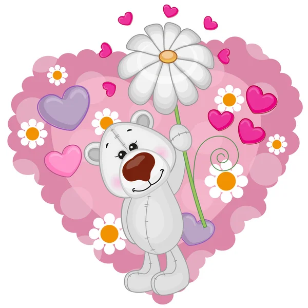 Oso Polar con corazones y flores — Vector de stock