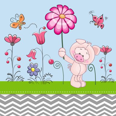 Bir çiçek ile şirin domuz