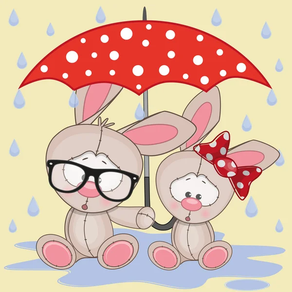 Dois coelhos com guarda-chuva —  Vetores de Stock