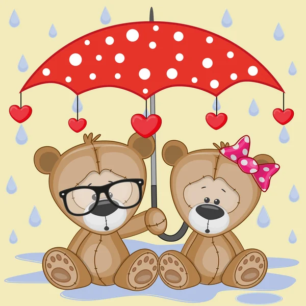 Zwei Teddybären mit Regenschirm — Stockvektor