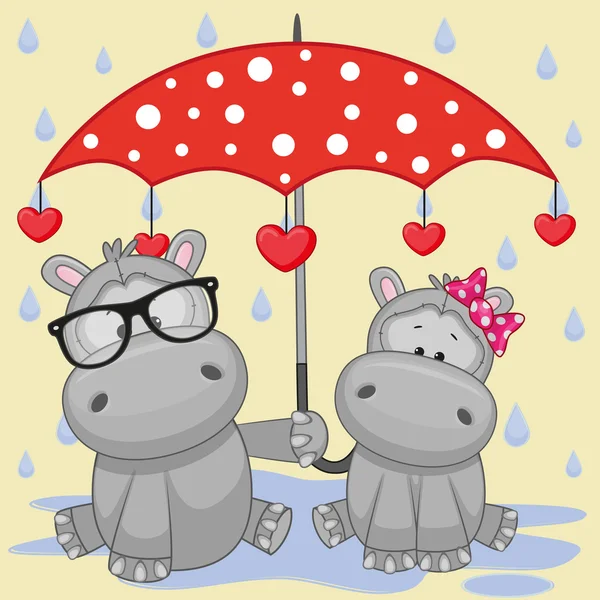 Dos hipopótamos con paraguas — Vector de stock