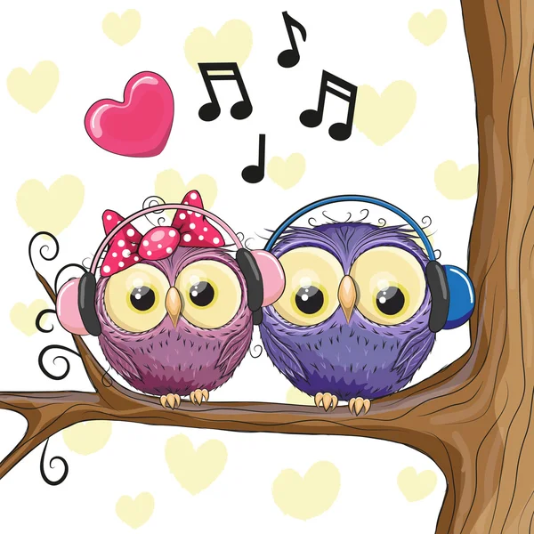Two owls with headphones — Stock Vector