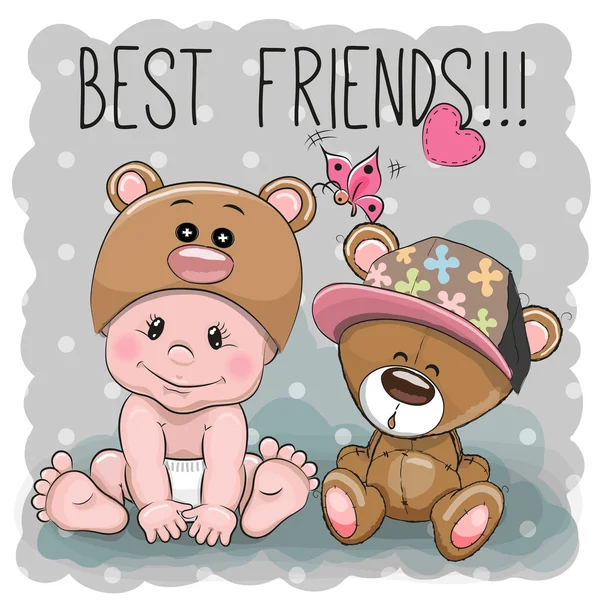 Bébé dessin animé mignon et ours en peluche — Image vectorielle