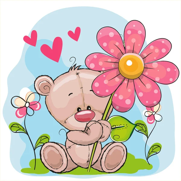 Orso con cuore e fiore — Vettoriale Stock