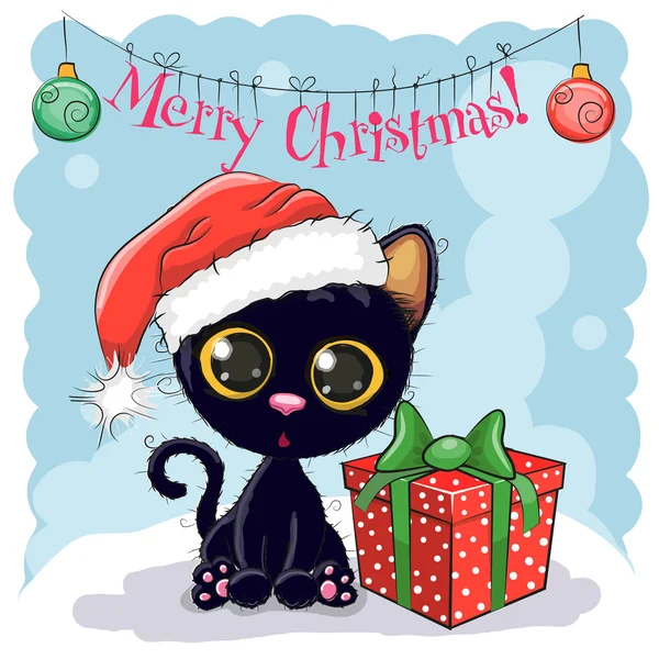 Schwarze Katze mit Weihnachtsmütze — Stockvektor