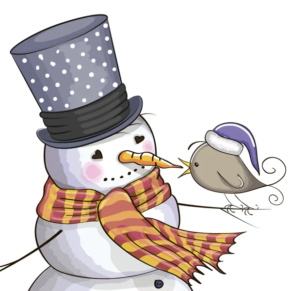 Muñeco de nieve y ave — Vector de stock
