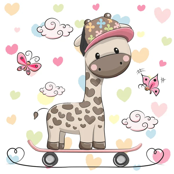 Girafe mignonne avec planche à roulettes — Image vectorielle