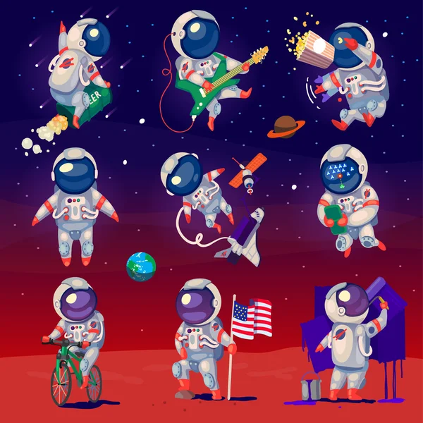 Conjunto de astronautas lindos en el espacio — Vector de stock