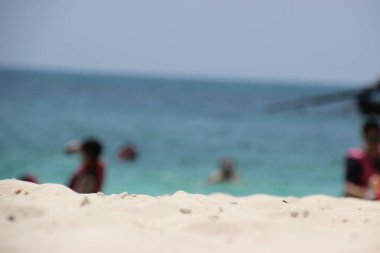 Tropik plajın bulanık arkaplanı Palmiye ağaçları ve deniz