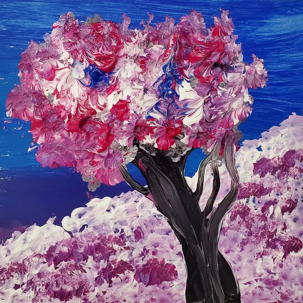 Ritning Ljust Rosa Rött Träd Japansk Sakura Trädgård Blå Moln — Stockfoto