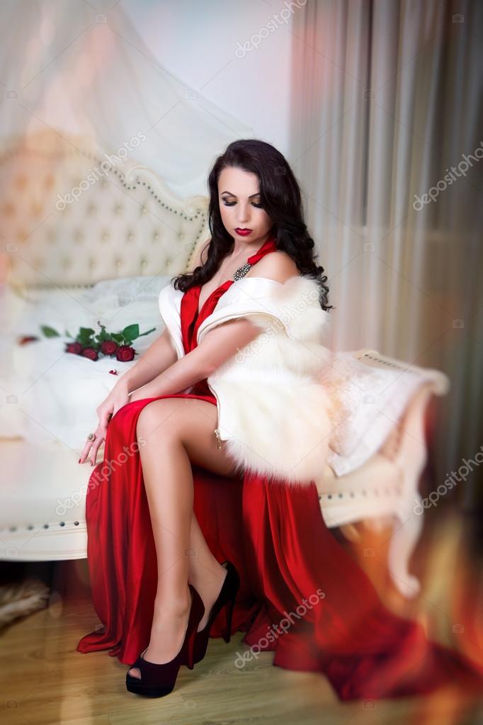 red dress with fur coat